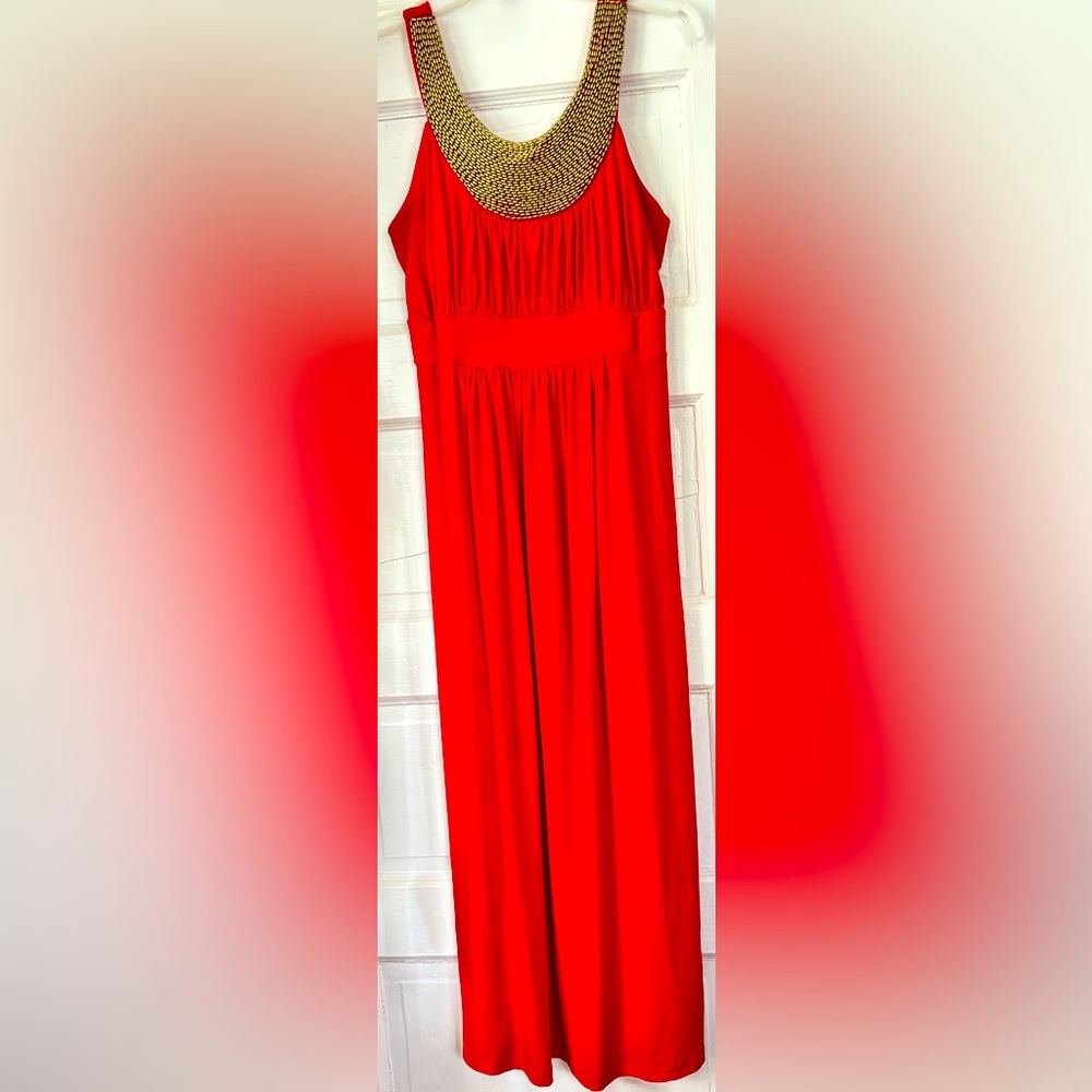 Free flowing red maxi slinky dress empire waist gold neckl sz 12 Ashley Stewart